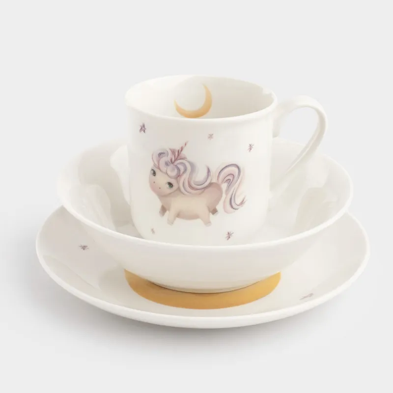 Children's tableware set, 3 items, porcelain N, white, Unicorn and month, Unicorn, image-2