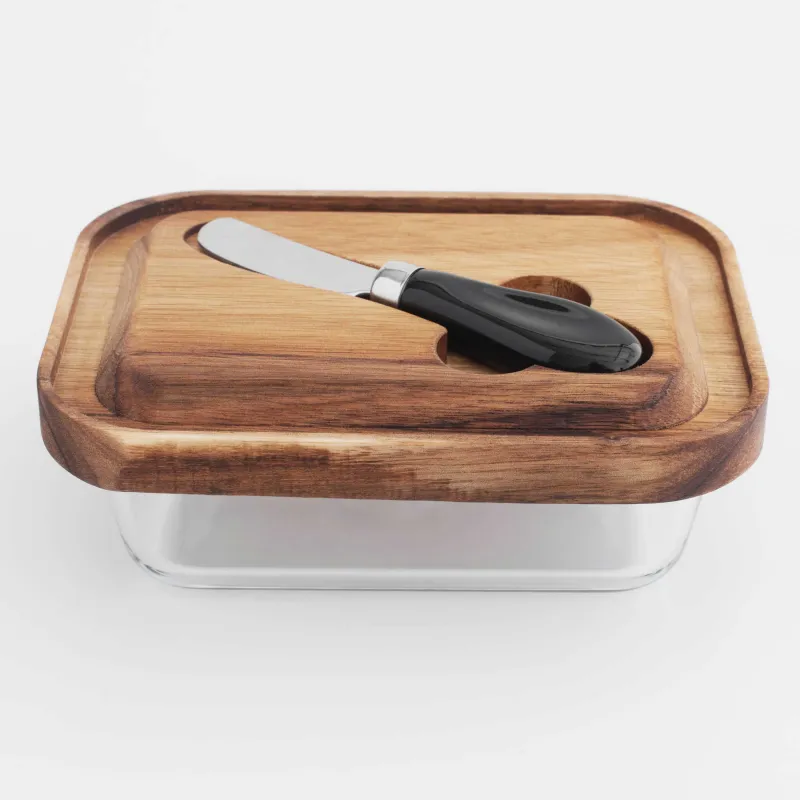 Butter dish, 18 cm, with knife, wood/glass / steel, rectangular, Noble tree