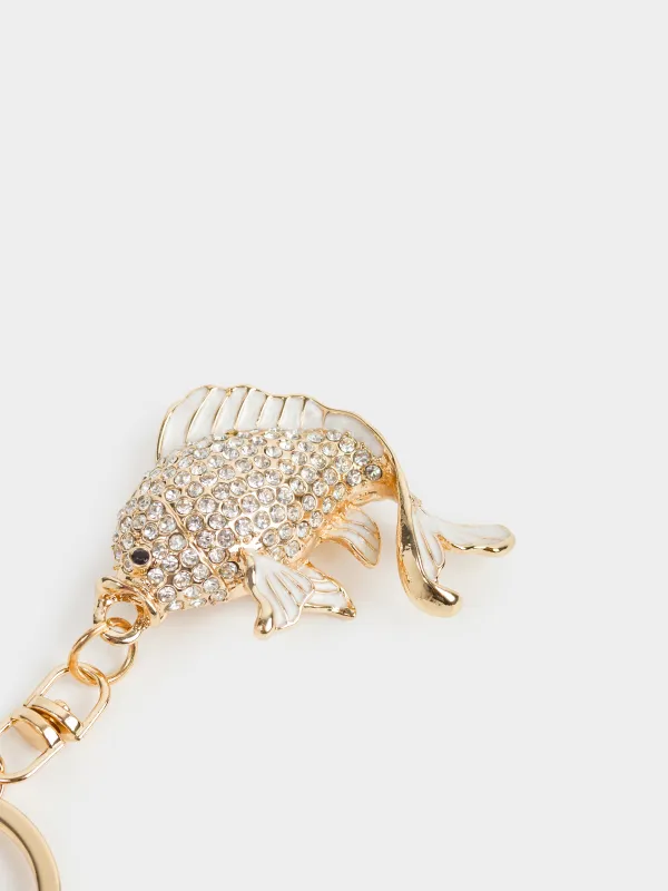 Keychain, 12 cm, metal / rhinestones, gold, Fish, Keychain crystal, image-3