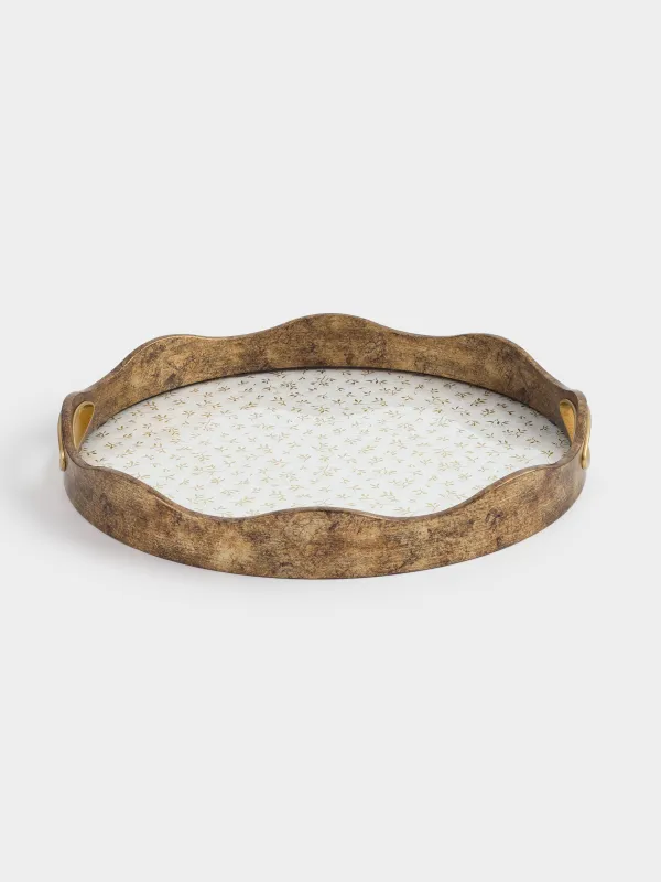 Tray, 35 cm, plastic / glass, round, Golden, Flowers, Floral, image-0