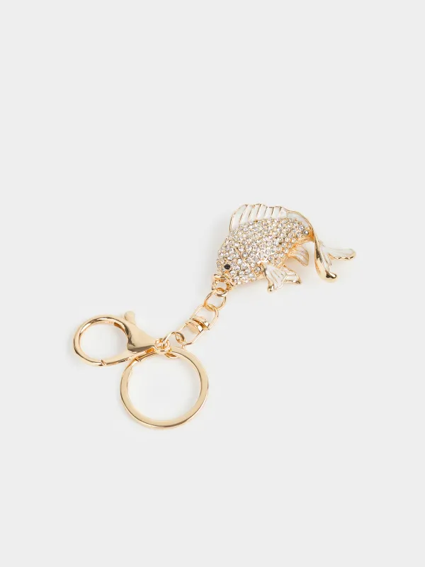 Keychain, 12 cm, metal / rhinestones, gold, Fish, Keychain crystal, image-1