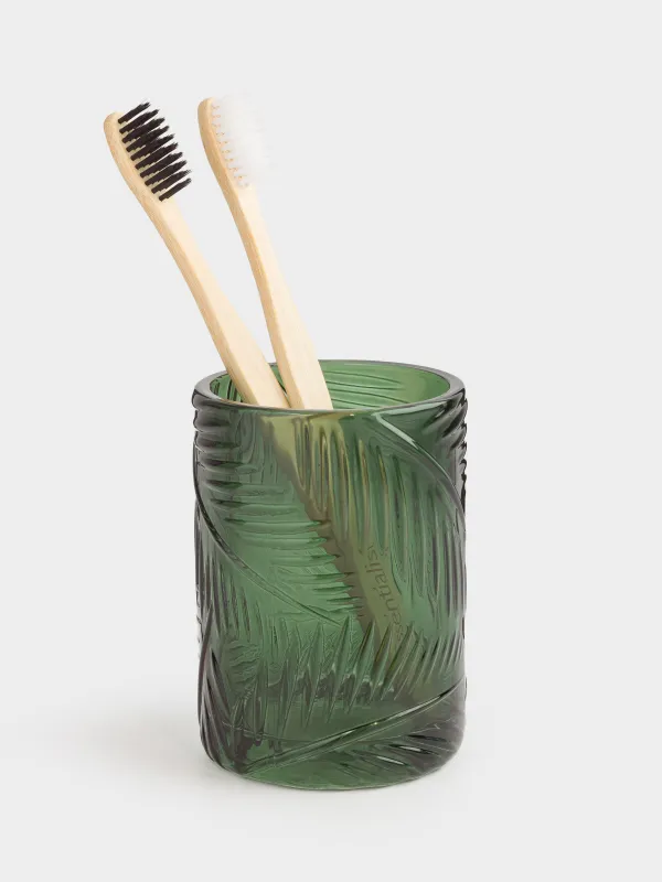 Bathroom tumbler, 11 cm, Glass, Green, Tropical leaves, Tropical leaves, image-4