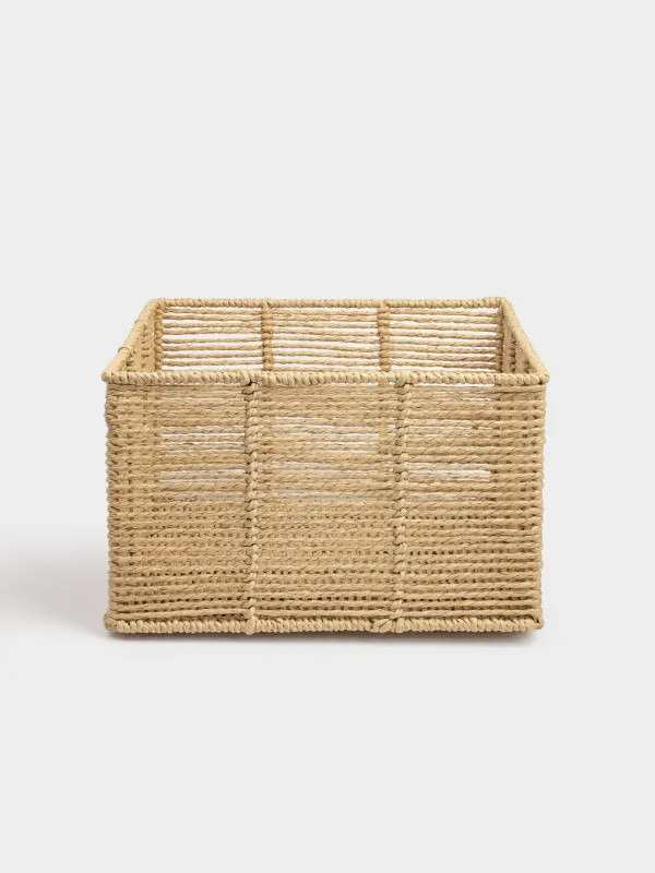 Storage organizer basket, 30x30x18 cm, wicker, cellulose/metal, square, beige, Braided, image-0