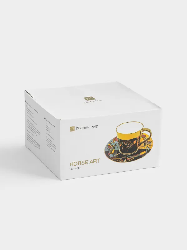Tea pair, 1 person, 2 items, 300 ml, porcelain P, golden, Horses, Horse art, image-6