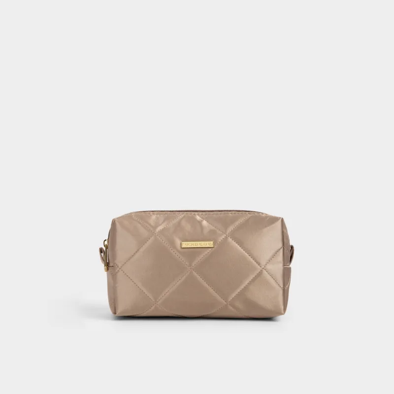 Makeup bag, 20x10 cm, quilted, satin, beige, Quilted silk