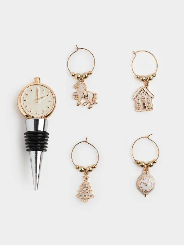 Bottle stopper with pendants, 5 items, metal / rhinestones, Clock, Christmas time, image-0