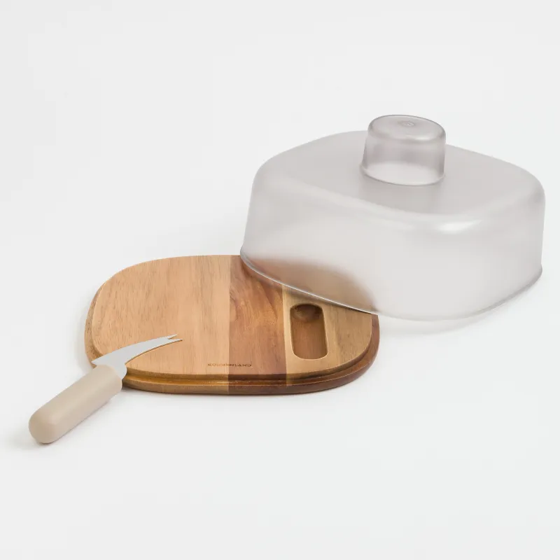 Cheese set, 2 pcs, dish board / dome, steel / wood / plastic, Noble tree