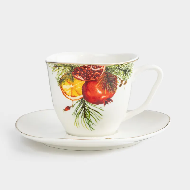 Tea pair, 1 person, 2 items, 250 ml, porcelain N, white, with golden edging, Pomegranates and orange, Christmas miracle