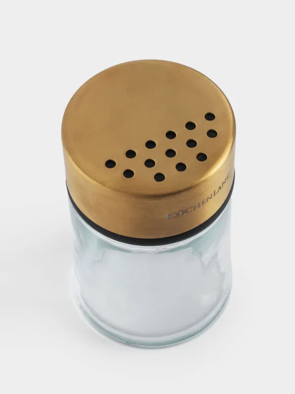 Spice container, 9 cm, with large holes, glass / steel, golden, Classic gold, image-1
