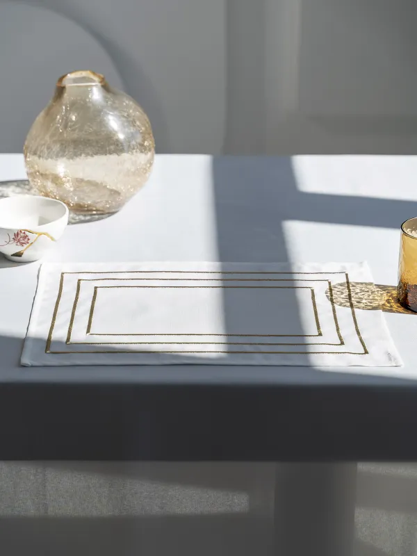 Placemat, 30x45 cm, 2 pcs, polyester, rectangular, white, Lines, Trim gold, image-1