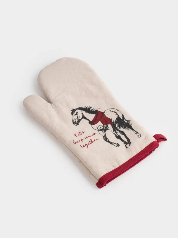 Potholder-mitt, 18x30 cm, cotton, grey-beige, Horse, Horse in scarf, image-2