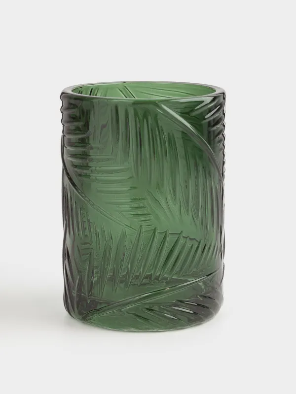 Bathroom tumbler, 11 cm, Glass, Green, Tropical leaves, Tropical leaves, image-0