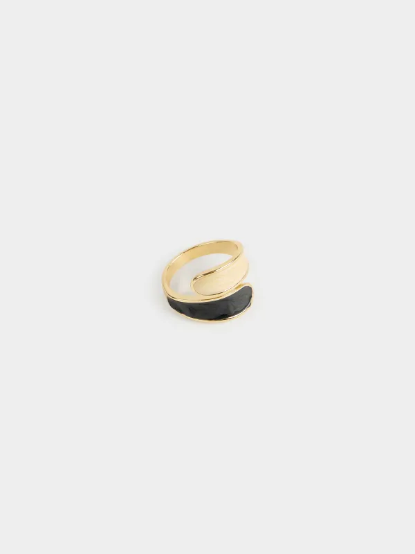 Ring, size S-M, single size, metal / acrylic, black and beige, Jewelry, image-1