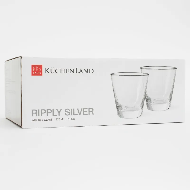 Drinking glass, 10 cm, 270 ml, 6 pcs, glass, with silver edging, Ripply silver, image-6