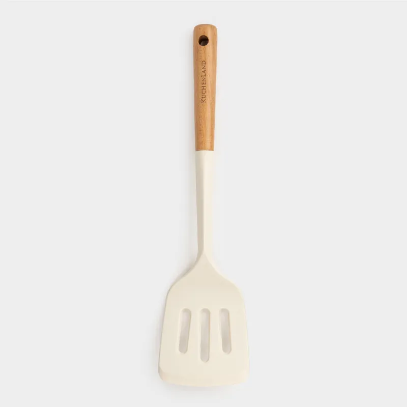 Spatula, 32 cm, with slots, silicone/wood, milky, Legerity