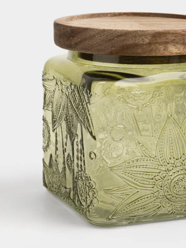 Bulk products jar, 550 ml, glass R / wood, green, Flowers, Bloome wood, image-2
