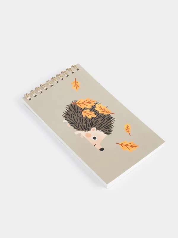 Notepad for notes, 9x16 cm, 100 l, on rings, cardboard, Hedgehog with leaves, Forest animals, image-1