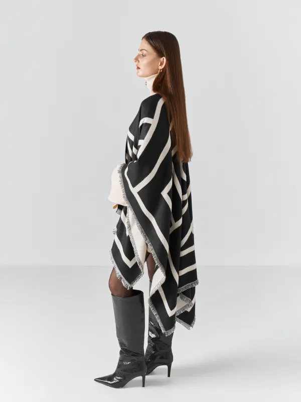 Poncho, 130x160 cm, with fringe, double-sided, viscose / polyester, milky black, poncho, image-3