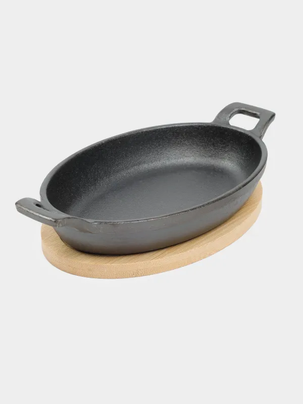 Frying pan, 18 cm, on a stand, with handles, cast iron / bamboo, oval, black, Authentic, image-1