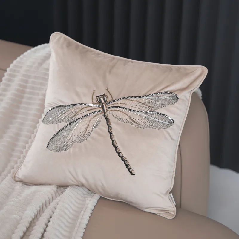 Decorative pillow, 45x45, corduroy / beads, beige, Dragonfly, Dragonfly