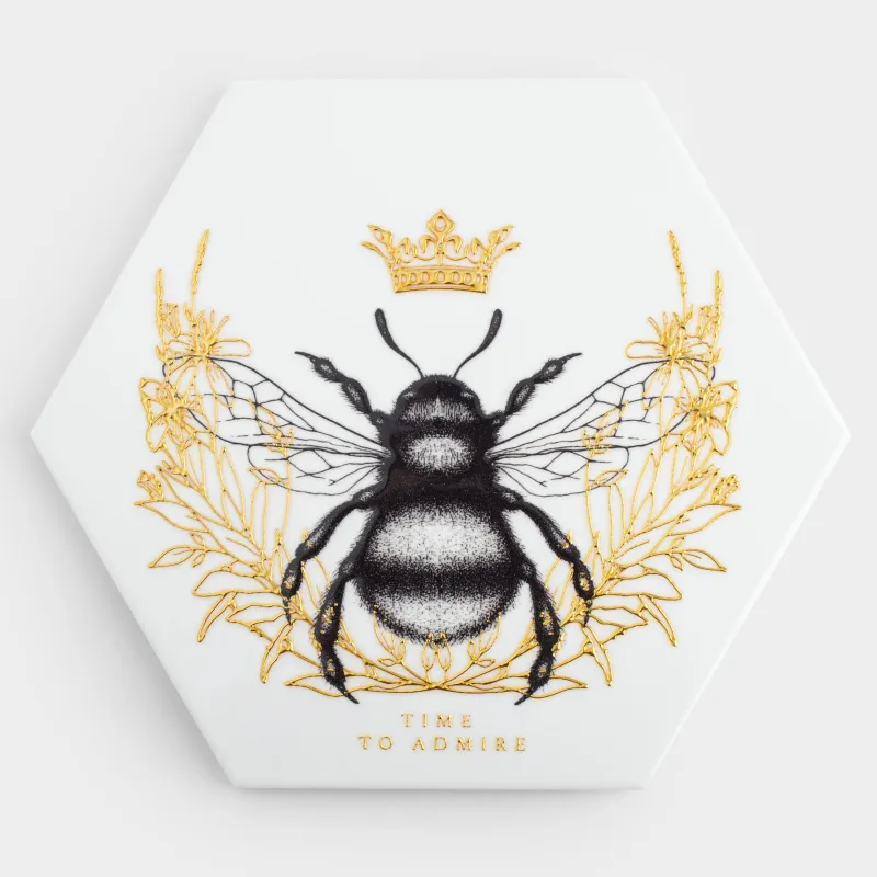 Hot plate, 20 cm, ceramic / cork, hexagonal, white, Royal bee, Honey