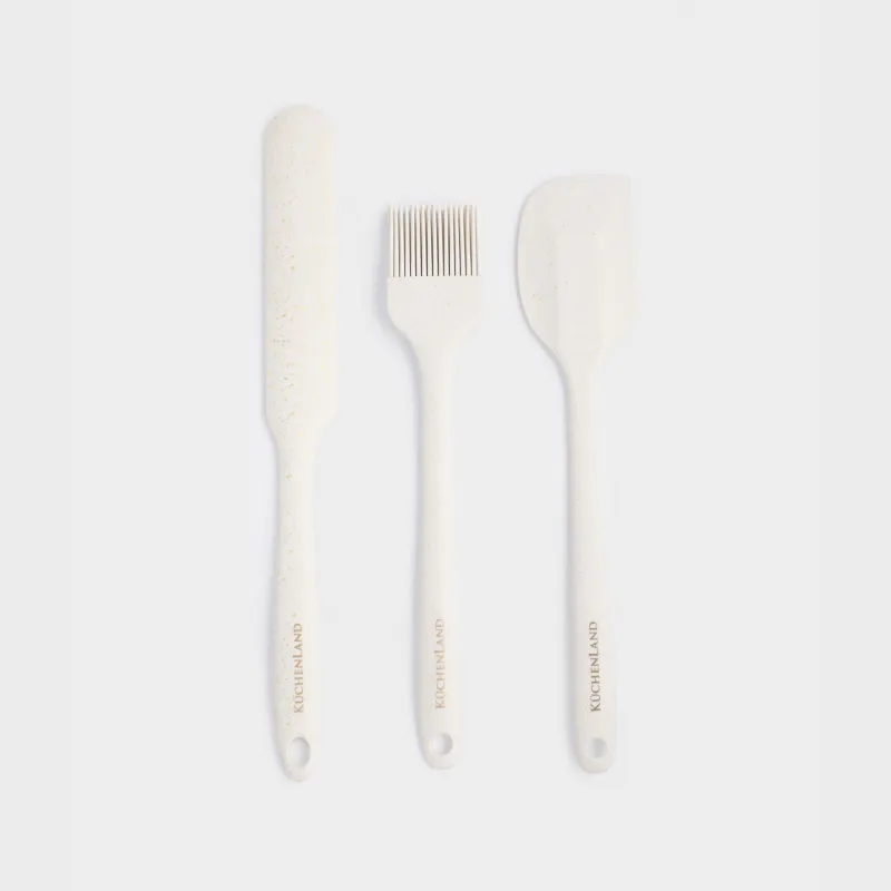Pancake baking set, 3 items, spatulas/brush, silicone, ecru, speckled bakery speckled
