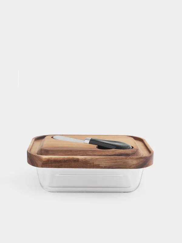 Butter dish, 18 cm, with knife, wood/glass / steel, rectangular, Noble tree, image-1