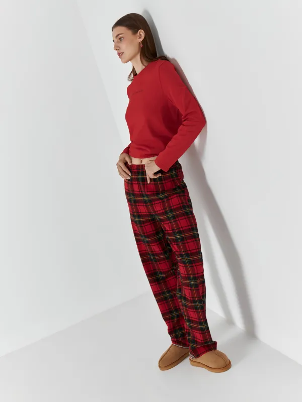 Women's two piece set, homewear, size L, with trousers, cotton, green-red, Checkered / Heart, Anllela, image-7