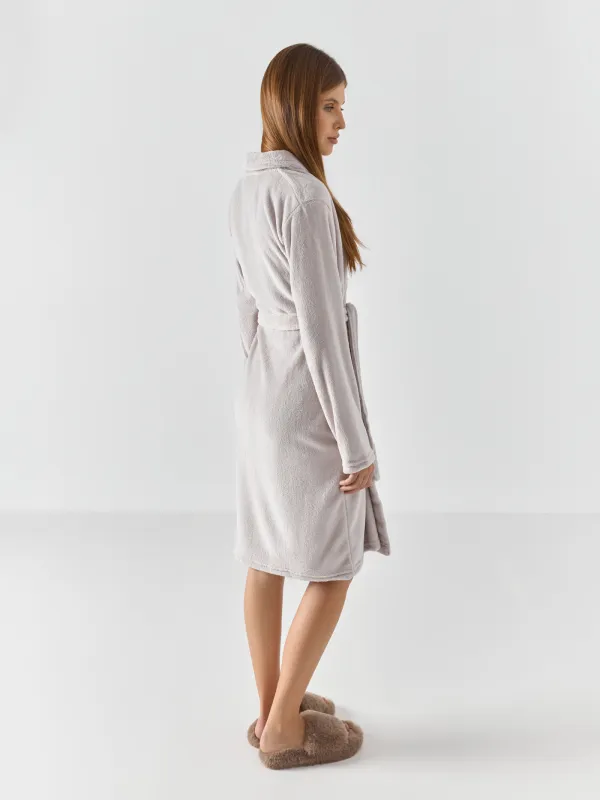 Women's robe, homewear, size S/M, with long sleeves, polyester, grey, Drew, image-5