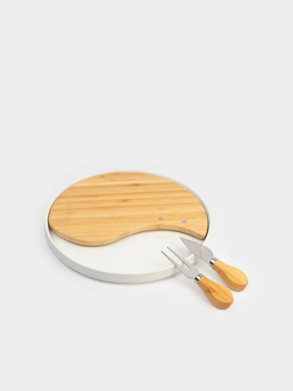 Cheese set, 4 items, dish-board on stand, ceramic / Bamboo, Circle, Cheese, image-1