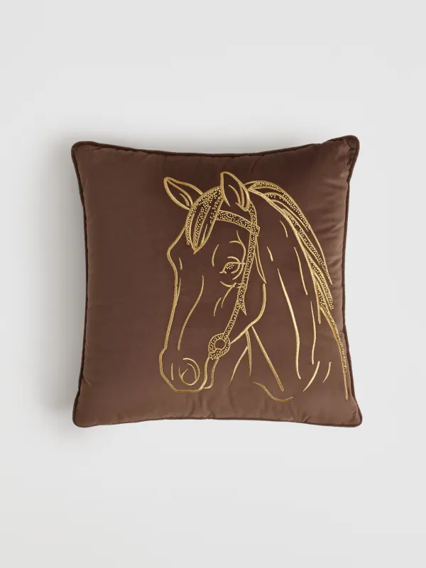 Decorative pillow, 45x45 cm, velvet / beads, brown, Horse, Horse, image-0