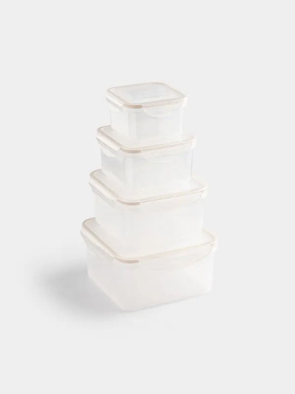 Container set, 4 pcs, with clips, plastic / silicone, Square, Beige, Roomy clip, image-1