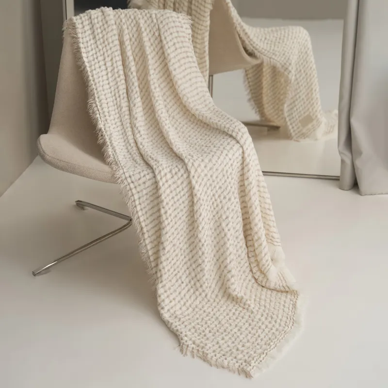 Plaid, 130x170 cm, with fringe, acrylic / polyester, milky beige, Stripes, acrylic