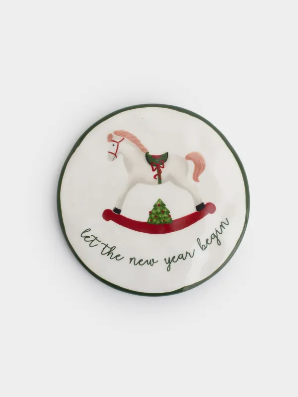 Coaster, 11 cm, round, ceramic / cork, White, Horse, Christmas green, image-0