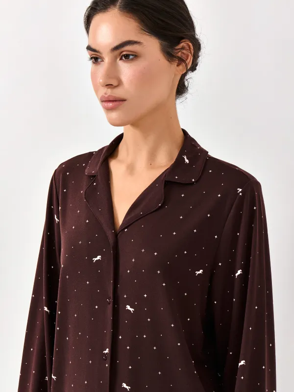 Women's shirt, homewear, size L, with long sleeves, polyester, black, Stars, Daisy, image-0