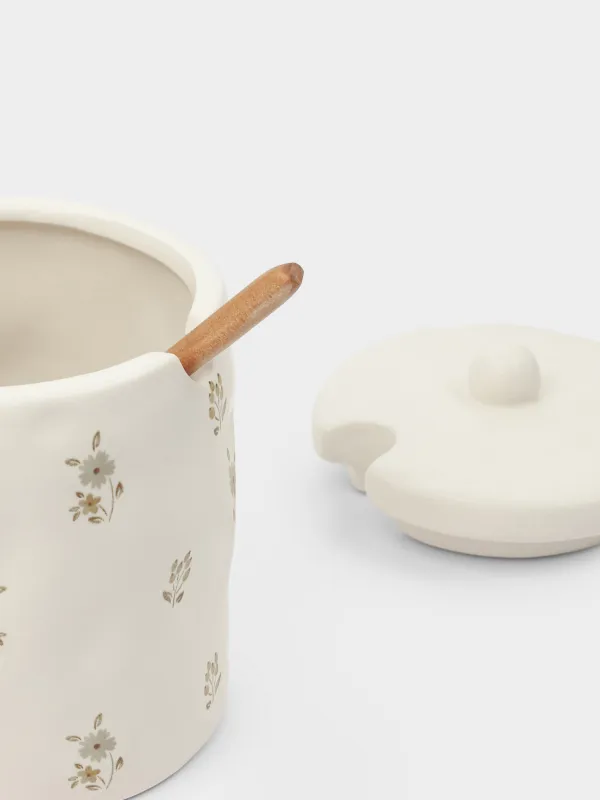 Sugar bowl, 11 cm, 370 ml, with spoon, ceramic / wood, milk, Vintage flowers, La flore, image-3