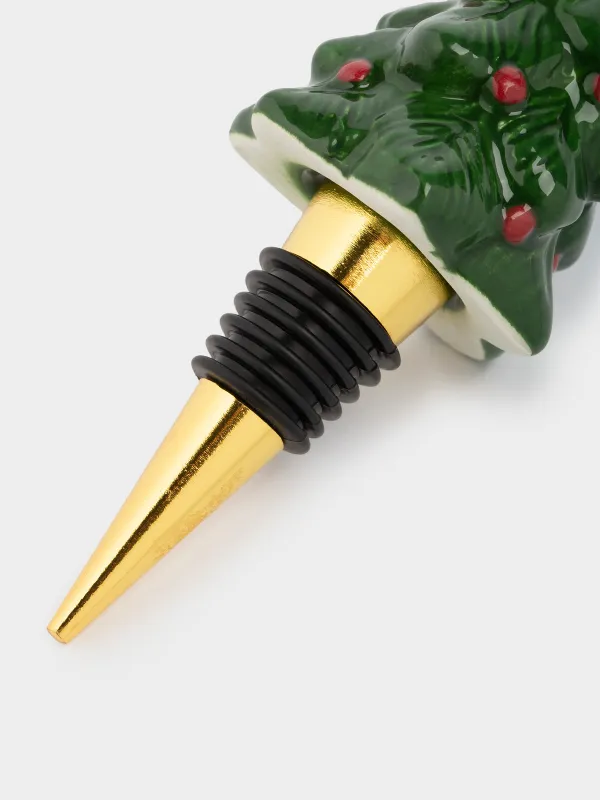 Wine bottle stopper, 12 cm, metal / ceramic, green, Spruce with bow, Christmas traditions, image-2