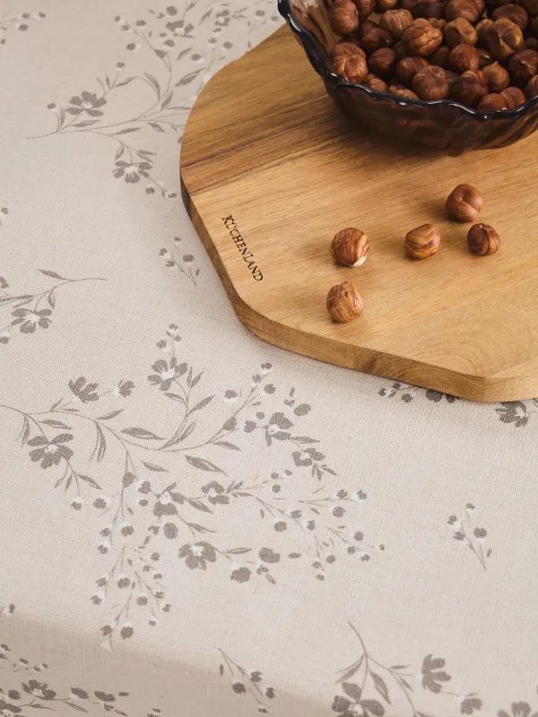 Tablecloth, 160x160 cm, PU coated, polyester / viscose / linen, beige, Branches with flowers, Branches, image-5