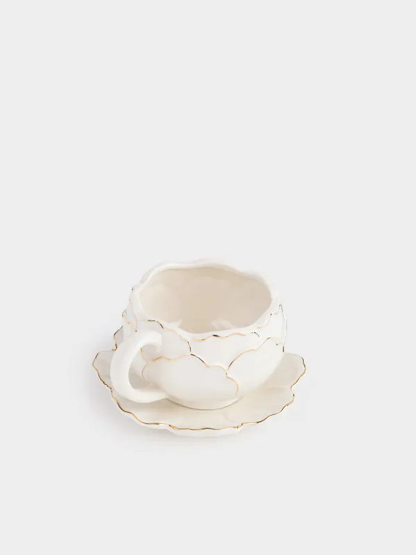 Breakfast tea pair, 1 person, 2 items, 450 ml, porcelain P, milky golden, Peony, Bloome, image-1