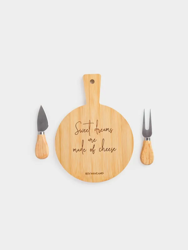 Cheese set, 3 items, dish board with handle, bamboo / steel, round, Cheese, bamboo, image-2
