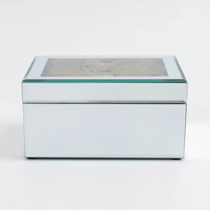 Jewelry box, 20x14 cm, glass, mirror, Golden leaves, Glossy, image-1