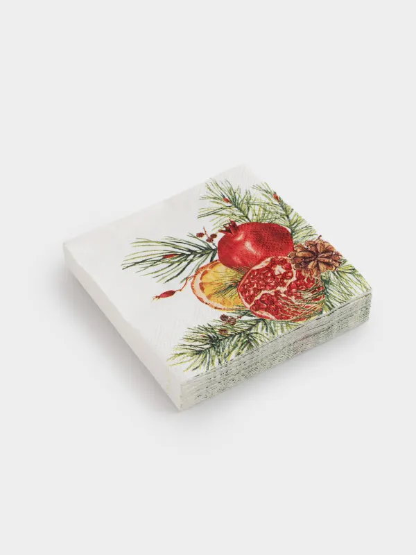 Paper napkins, 21x21 cm, 20 pcs, square, milky, Pomegranates and orange, Christmas miracle, image-1