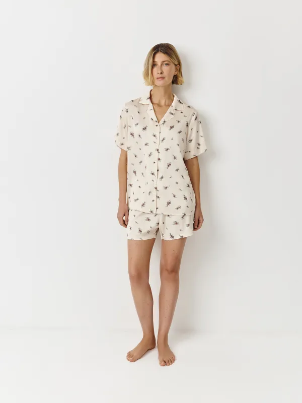 Women's shirt, homewear, size L, with short sleeves, polyester, milky, Flowers, Roktania, image-1