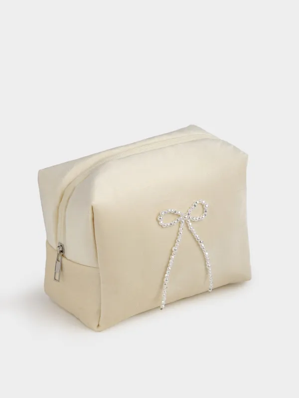 Makeup bag, 20x15 cm, polyester/plastic, milky, Pearl bow, Beauty box, image-1