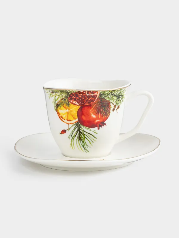Tea pair, 1 person, 2 items, 250 ml, porcelain N, white, with golden edging, Pomegranates and orange, Christmas miracle, image-0