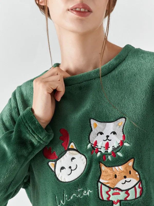 Women's two piece set, homewear, size S, with trousers, fleece, green, Cats, Amber, image-5