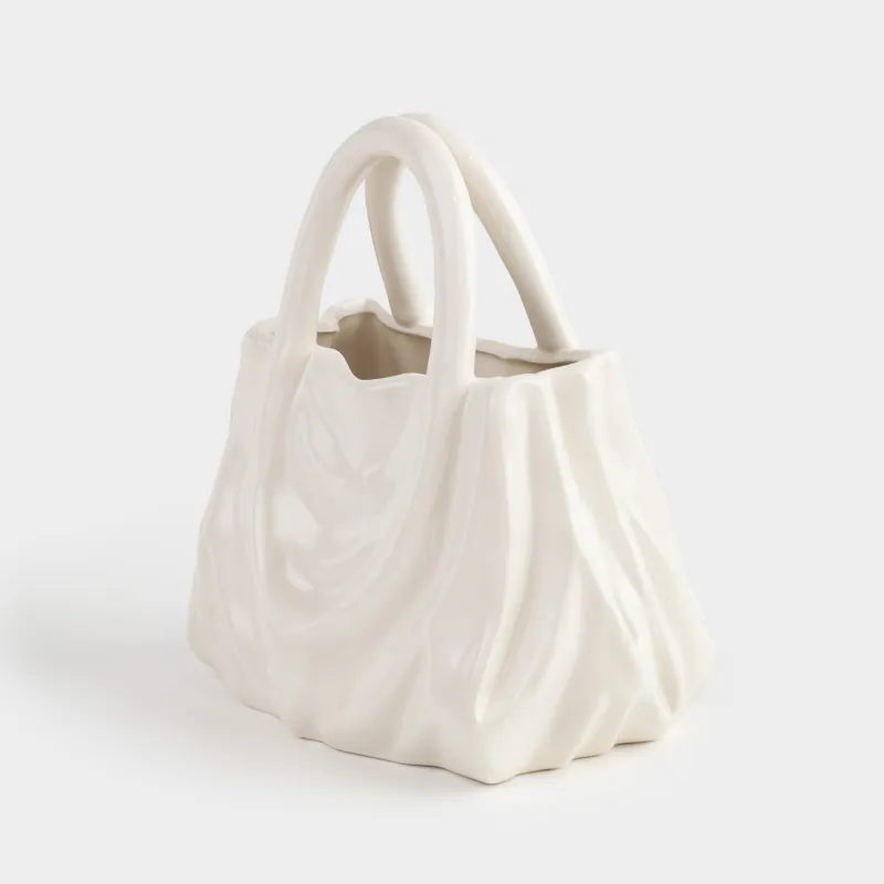 Flower vase, 20x22 cm, decorative, ceramic, milky, Crumpled effect, Bag, Crumple, image-1