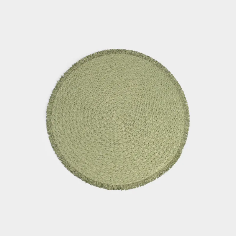 Placemat, 38 cm, fringed, cellulose, round, green, Straw