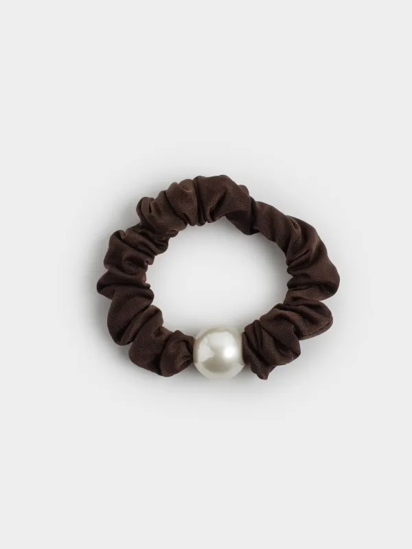 Hair tie, 6 cm, satin/plastic, brown, Bead, Silk, image-0