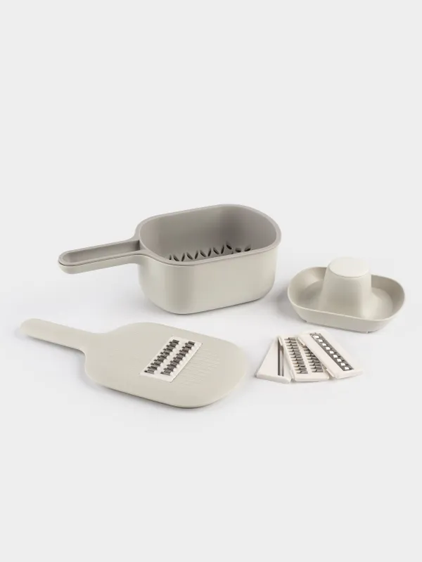 Grater, 29x14 cm, 4 attachments, with container, with handle, plastic / steel, grey, Matto, image-5